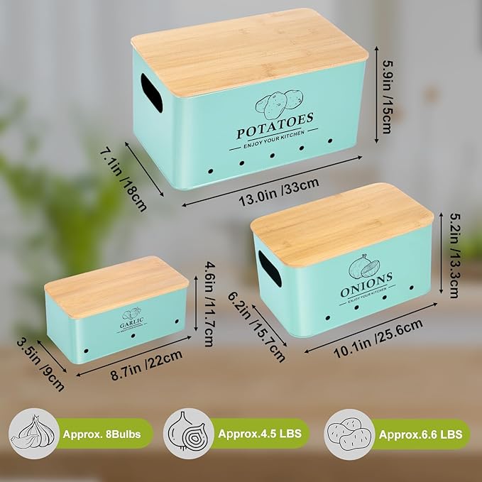 Kitchen Vegetable Storage Set of 3, Metal Onion Garlic Potato Storage Set, Kitchen Canisters Vegetable Keeper Containers with Aerating Holes and Wooden Lid (Blue)