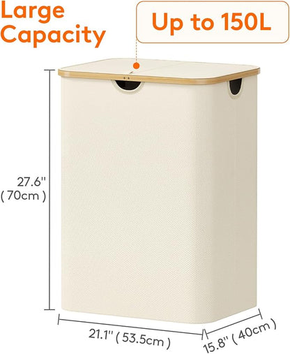 Lifewit 150L Laundry Basket with Lid, Clothes Hampers for Laundry with Bamboo Handles and 2 Removable Bag, Large Foldable Laundry Hamper for Bedroom, Bathroom, Dorm, Laundry Room, White