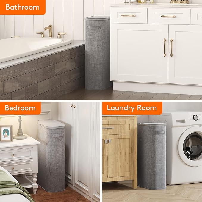 Lifewit Slim Laundry Basket with Lid, Narrow Large Laundry Hamper with Plastic Handles and Removable Bag, Tall Foldable Dirty Clothes Hampers for Laundry Room, Bedroom, Bathroom, Dorm, 75L Gray