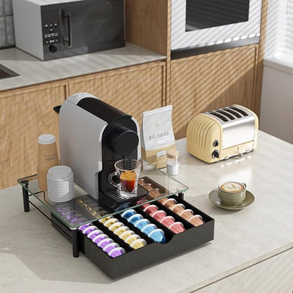 Coffee Pod Drawer Organizer with Tempered Glass Lid (Transparent Glass)