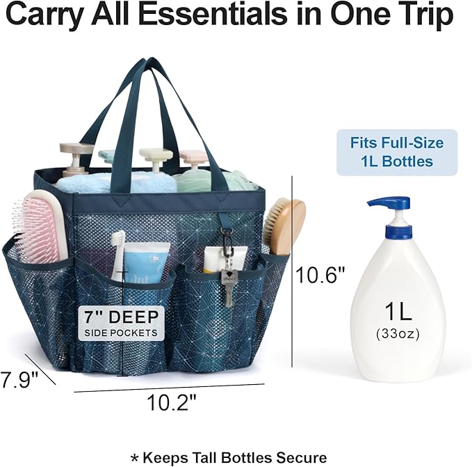 F-color Mesh Shower Caddy Portable, Upgrade Deeper 7 Pockets Shower Bag Basket Tote for College Dorm Room Toiletry Bathroom Essentials Gym Camp Quick Dry 2 handles with S Hook, Starlight Navy