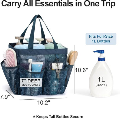 F-color Mesh Shower Caddy Portable, Upgrade Deeper 7 Pockets Shower Bag Basket Tote for College Dorm Room Toiletry Bathroom Essentials Gym Camp Quick Dry 2 handles with S Hook, Starlight Navy