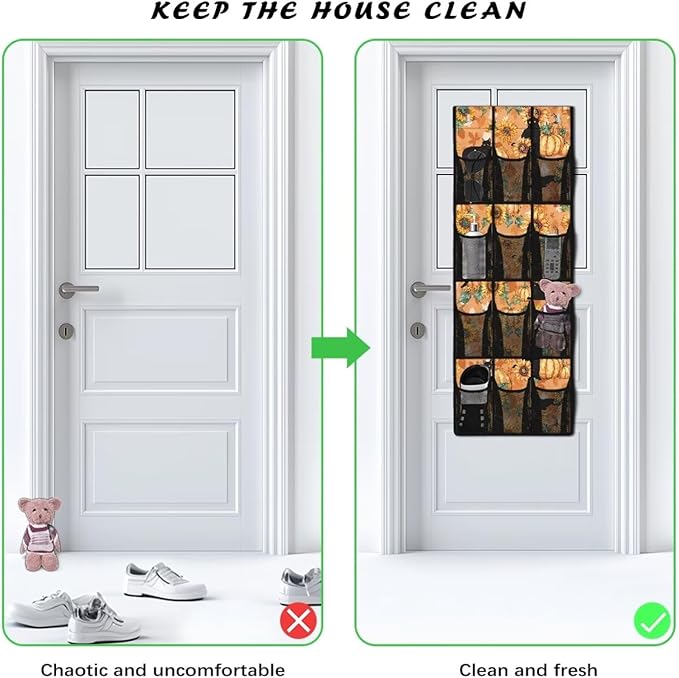 Pumpkin Sunflower Over The Door Closet Organizer for Thanksgiving Home Decor,Large Capacity Behind Door Organizer Multi-Funtion Storage Bag,Space Saving Wall Hanging Storage with 12 Pockets