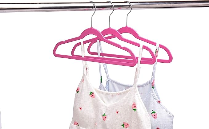 Quality Kids Children's Plastic Non Velvet Non-Flocked Thin Compact Shirt and Skirt/Pant Bundle Coat Hangers with Metal Clips for Skirts Pants Blouses 360° Swivel Hook, Jacket, Pink