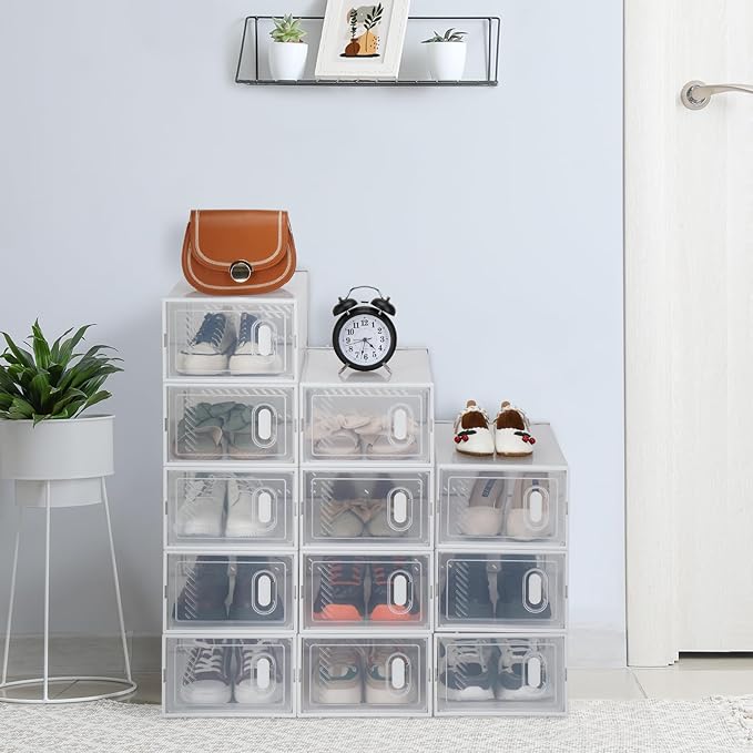 Shoe Boxes, Pack of 12 Shoe Storage Organizers, Stackable Clear Plastic Boxes for Closet, Sneakers, 9 x 13 x 5.5 Inches, Fit up to US Size 11 (White)