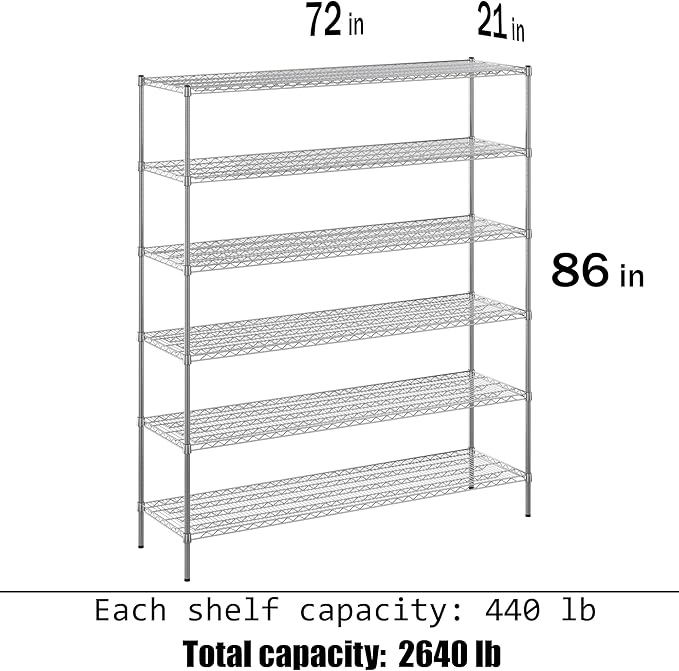 21" Deep x 72" Wide x 86" Height Wire Shelving Kit | 6-Tier | NSF Commercial Storage Rack Unit