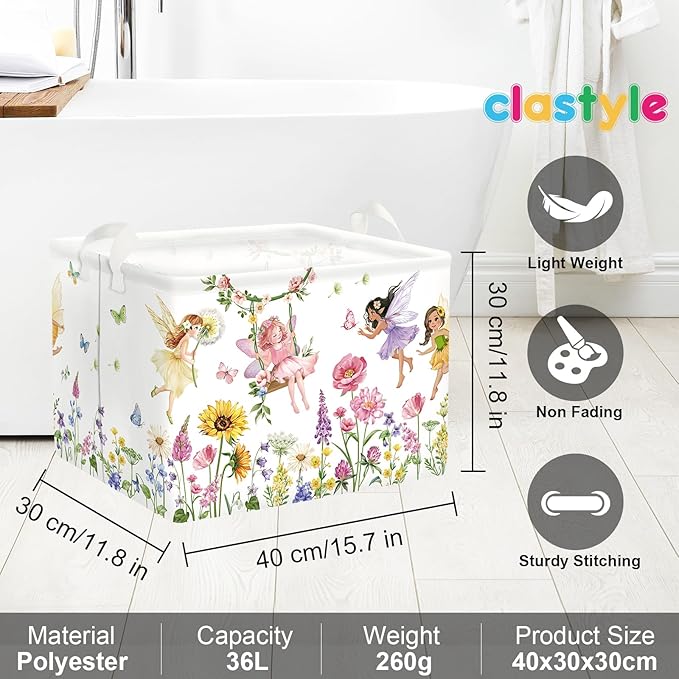 Clastyle Lovely Princess Laundry Basket Kids Clothes Book Storage Basket Gift Toy Box for Bedroom Decor,Flower Fairy,40x30x30 cm