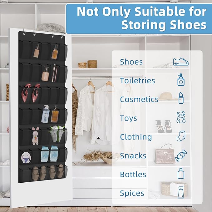 Aisoso Over the Door Shoe Organizer with 35 Large Breathable Mesh Pockets and 4 Metal Hooks Space Saving Hanging Storage Holder for Men's and Women's Shoes, Accessories, Black