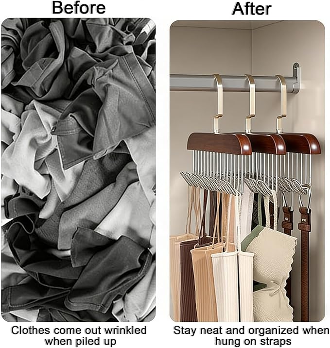 CTESNE【4 Pack】 Belt Hanger for Closet,Wooden Tie Rack Hangers for Men with 8 Hooks, Space Saving Tie Holder Organizer,Closet Storage for Belts,Ties,Bras,Scarves,Tank Tops