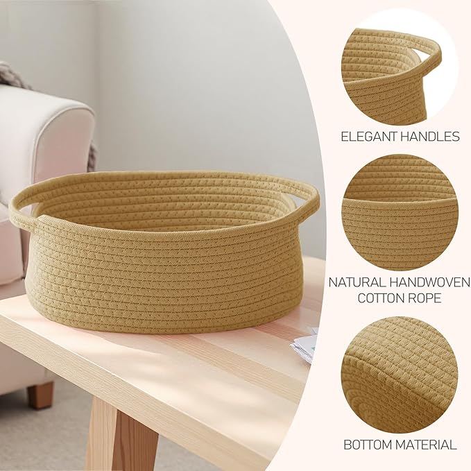 JMvicyroam Woven Basket,Small Rope Storage Bin with Handles & Ribbon Bag, Organizer for Shelves Closets,Gift Basket Empty for Birthday,Books,Dog Toys, Jute/3 Pack