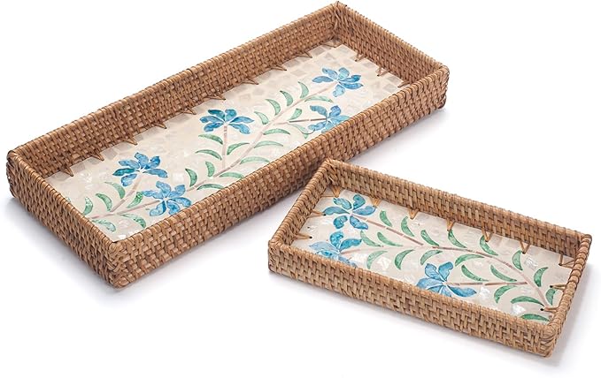 2 Pack Rattan Bathroom Vanity Tray with Mother of Pearl Inlay, Toilet Tank Tray, Toilet Basket Tank Topper, Bathroom Basket for Organizing and Decor (Narcissus)
