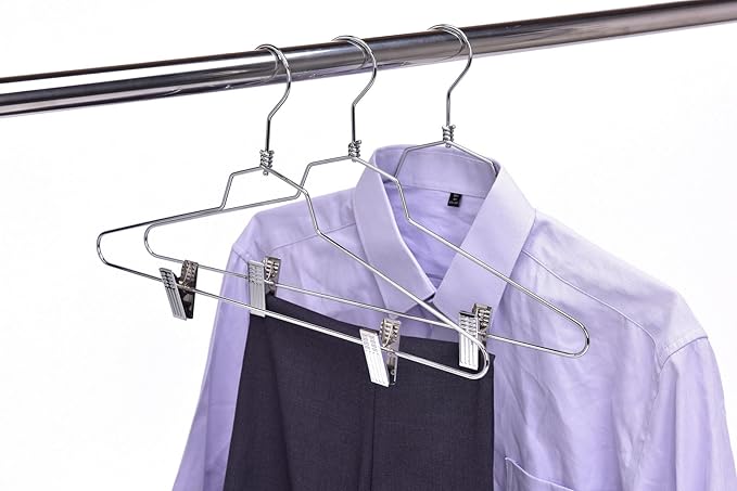 Quality Hangers Metal Skirt Hangers with Clips 10 Pack - Wire Pants Hangers with Swivel Hook - Heavy Duty Hangers for Jeans with Adjustable Metallic Clips - Ideal Clothing Hangers (10, 16")