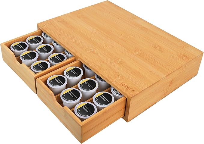 HTB K Cup Coffee Pod Holder, Drawer Type K Cup Organizer Storage, Compatible with K-Cup Pods, Space-Saving Coffee Capsule Drawer- Bamboo Double Drawer Holds Up 30 Cups