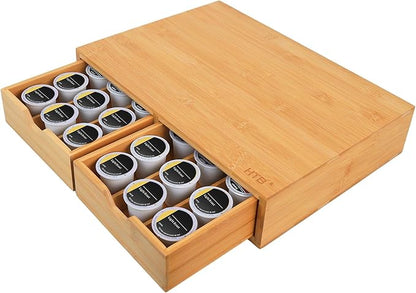 HTB K Cup Coffee Pod Holder, Drawer Type K Cup Organizer Storage, Compatible with K-Cup Pods, Space-Saving Coffee Capsule Drawer- Bamboo Double Drawer Holds Up 30 Cups