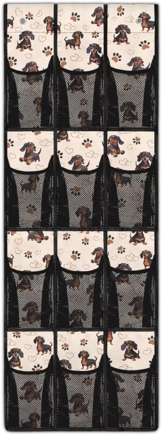 Extra Large Door Organizer with 12 Mesh Pockets, Storage Hanging Bag Behind the Door for Shoes Toys Cleaning Supplies, Cute Dachshund
