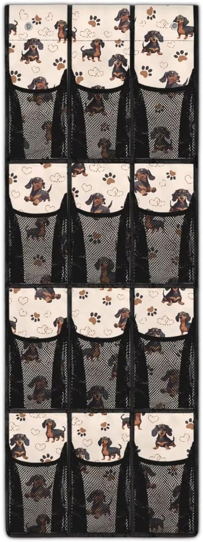Extra Large Door Organizer with 12 Mesh Pockets, Storage Hanging Bag Behind the Door for Shoes Toys Cleaning Supplies, Cute Dachshund