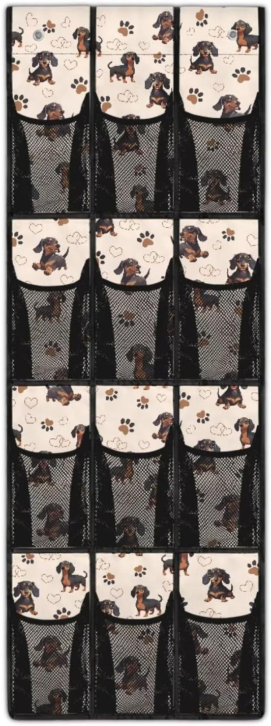 Extra Large Door Organizer with 12 Mesh Pockets, Storage Hanging Bag Behind the Door for Shoes Toys Cleaning Supplies, Cute Dachshund