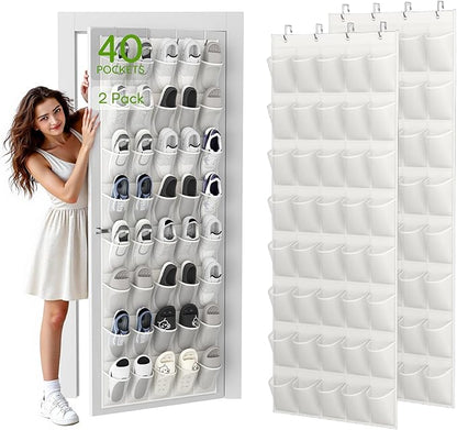 Over the Door Shoe Organizer with 40 Large Breathable Mesh Pockets, Space Saving Shoe Holder, Hanging Shoe Rack for Entryway Bedroom Closet Storage (White, 80 Pockets)