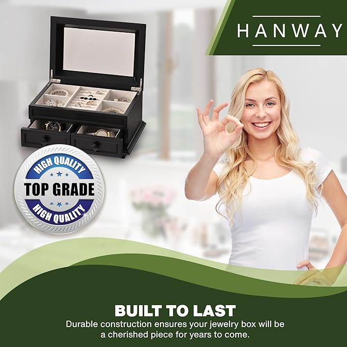 Hanway 2 Layers Wooden Jewelry Box Organizer for Women, with 7 compartments, featuring interior mirror & tray for watch, necklaces, earrings, bracelets, and rings (Black)