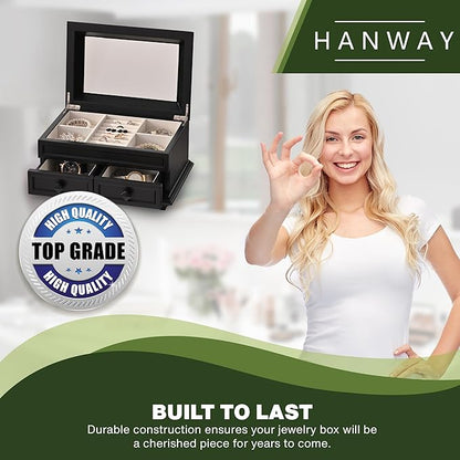 Hanway 2 Layers Wooden Jewelry Box Organizer for Women, with 7 compartments, featuring interior mirror & tray for watch, necklaces, earrings, bracelets, and rings (Black)
