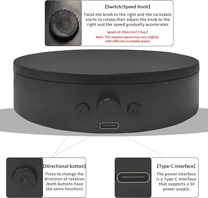 Rotating Display Stand Easy to Switch Direction, Spinning Platform Adjustable Speed, 360 Degree Motorized Photography Turntable for Jewelry, Shoes Display and Shooting, Lazy Susan(4.53" black)