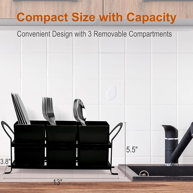 Czlizdyt Cutlery Holder with Drain Holes, Silverware Caddy for Party Countertop, 3pcs Bins Set Utensil Holders for Spoon and Fork, Black