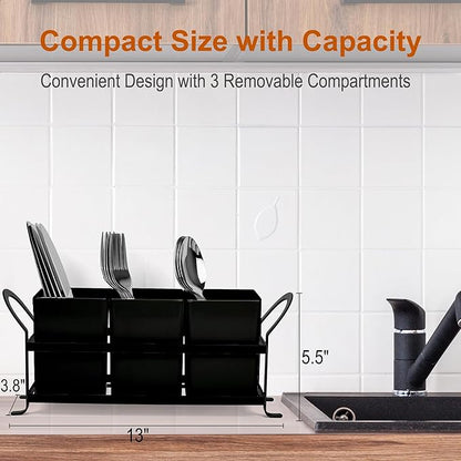 Czlizdyt Cutlery Holder with Drain Holes, Silverware Caddy for Party Countertop, 3pcs Bins Set Utensil Holders for Spoon and Fork, Black