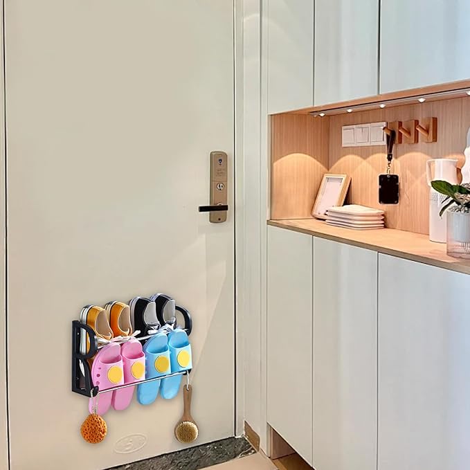 Hanging Shoe Rack, 2Pcs Wall Mounted Shoe Holder with 2 Hook Dual Layer, 16" PP & Stainless Steel Organizer with Sticky Mounts for Hallway, Bathroom