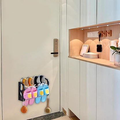 Hanging Shoe Rack, 2Pcs Wall Mounted Shoe Holder with 2 Hook Dual Layer, 16" PP & Stainless Steel Organizer with Sticky Mounts for Hallway, Bathroom