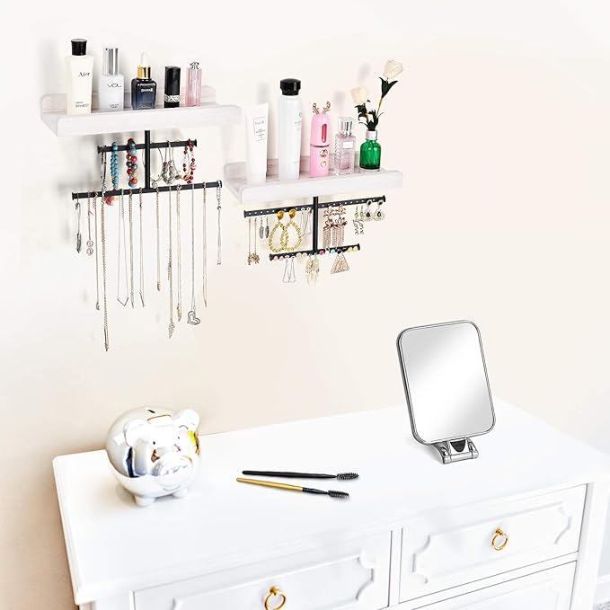 Keebofly Hanging Wall Mounted Jewelry Organizer with Rustic Wood Jewelry Holder Display for Necklaces Bracelet Earrings Ring Set of 2 White,[Patented]