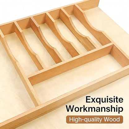 Silverware Drawer Organizer - Trim-to-Fit with Adjustable Dividers for Kitchen Utensil Storage, Beech Wood Frame with 11 Sizes (19.25" W x 22" D)