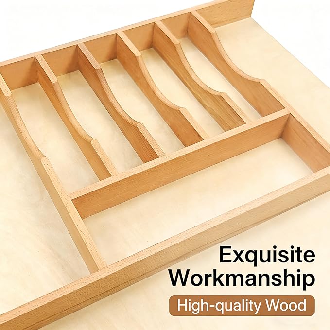Silverware Drawer Organizer - Trim-to-Fit with Adjustable Dividers for Kitchen Utensil Storage, Beech Wood Frame with 11 Sizes (16.22" W x 22" D)