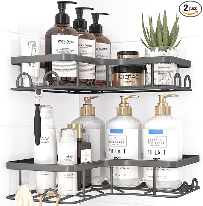 Sakugi Corner Shower Caddy - 2 Pack, Adhesive Shower Organizers, Rustproof Stainless Steel Shower Shelves with 8 Hooks, No Drilling Bathroom Organizers and Storage Racks, Space-Saving, Grey, Medium