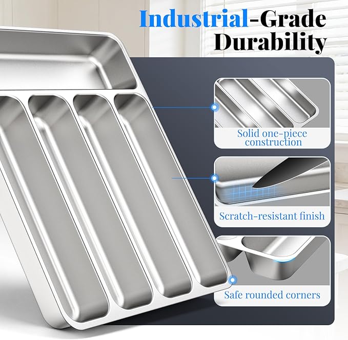 IKOCO 2-Pack Silverware Organizers Stainless Steel Kitchen Drawer Organizer with 5 Compartments, Dishwasher Safe for Spoons Forks Knives (13.8”x11.4”x1.6, Silver)