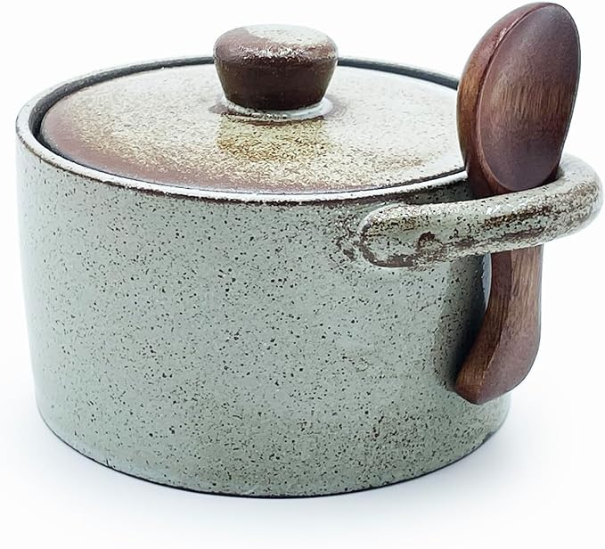 Ceramic Salt Cellar With Lid & Spoon,12oz Salt Container For Countertop,Sugar Bowl,Spice Jar(Coarse Pottery Color B)