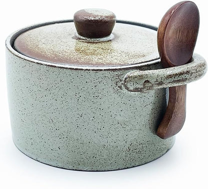 Ceramic Salt Cellar With Lid & Spoon,12oz Salt Container For Countertop,Sugar Bowl,Spice Jar(Coarse Pottery Color B)