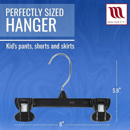 MAINETTI - 6008SMB50 Mainetti 6008 Black Plastic Children's Hangers - 50 Pack with Rotating Metal Hook and Sturdy Plastic Non-Slip Clips, Great for Pants/Skirts/Slacks/Bottoms, 8 Inch