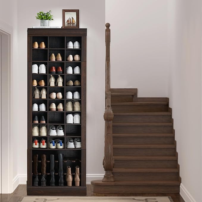 Shoe Storage Cabinet, Freestanding Tall Closet Shoe Organizer with Cubbies for 33 Pairs, Wooden Shoe Rack for Closet, Entryway, Living Room