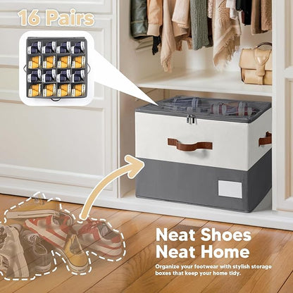 Shoe Organizer for Closet, Fits Up to 16 Pairs, Large Shoe Box Storage Container with Clear Cover, with Adjustable Dividers for Shoe Storage Bins,Space-Saving Shoe Bins (Beige and grey)