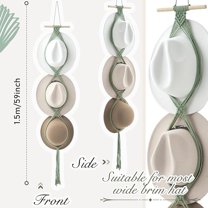 Yulejo Macrame Hat Hangers Racks Boho Cowboy Hats Holders Western Display Organizer Storage decor Back of Door for Wall(Sage Green,Three Hats Style)