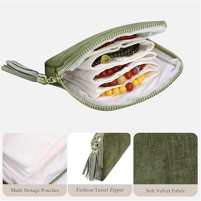 Jewelry Zippered Pocket Case Travel Jewelry Bag Portable Organizer, Tassel Zipper Jewelry Bag (Green)