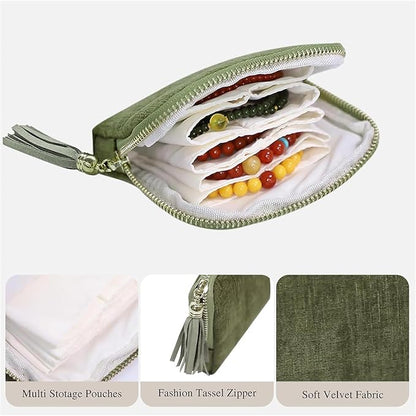 Jewelry Zippered Pocket Case Travel Jewelry Bag Portable Organizer, Tassel Zipper Jewelry Bag (Green)