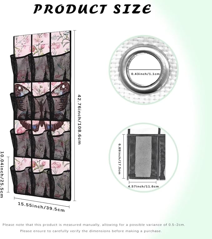 Butterfly Floral Over The Door Shoe Organizer,12 Mesh Pockets Hanging Storage Shoe Rack,Hanger Storage Organizer for Closet,Classroom Headphone Storage,Over Door Organizer for Toys