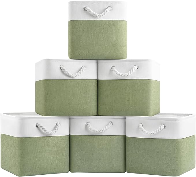 Patvingot 11 Inch Cube Storage Bins, 6 Pack Fabric Storage Cubes with Rope Handles, Organizer Baskets for Closet Shelves, Clothes and Home Organization(White/Green)