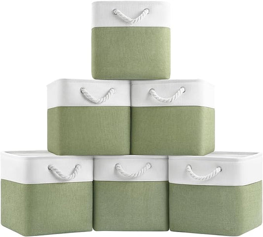 Patvingot 11 Inch Cube Storage Bins, 6 Pack Fabric Storage Cubes with Rope Handles, Organizer Baskets for Closet Shelves, Clothes and Home Organization(White/Green)