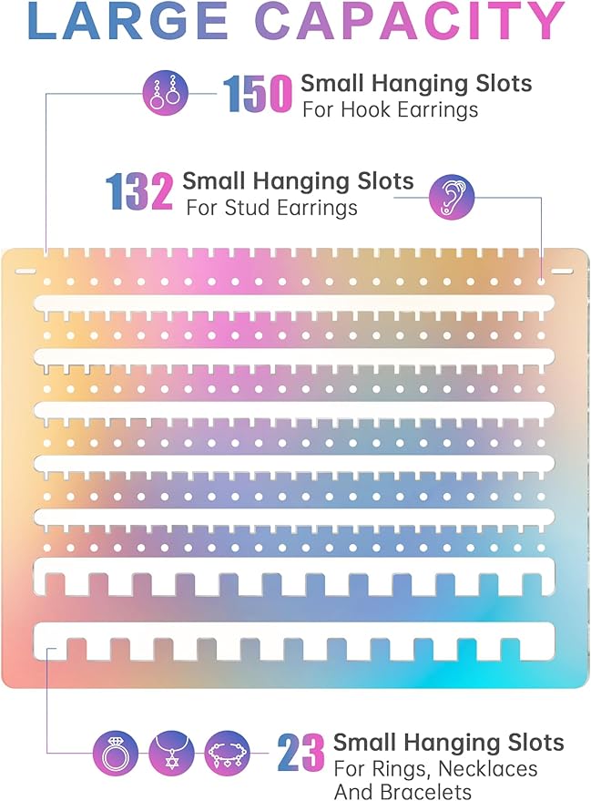 NiHome Iridescent Acrylic Hanging Earring Organizer, Wall Mount Jewelry Organizer Rack, Wall Earring Holder with 132 Earring Holes, 150 Slots, 23 Necklace Hooks for Stud Earring Bracelet Necklace Ring