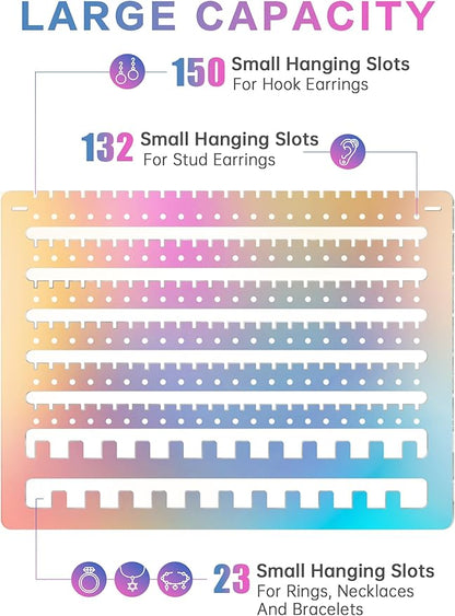 NiHome Iridescent Acrylic Hanging Earring Organizer, Wall Mount Jewelry Organizer Rack, Wall Earring Holder with 132 Earring Holes, 150 Slots, 23 Necklace Hooks for Stud Earring Bracelet Necklace Ring