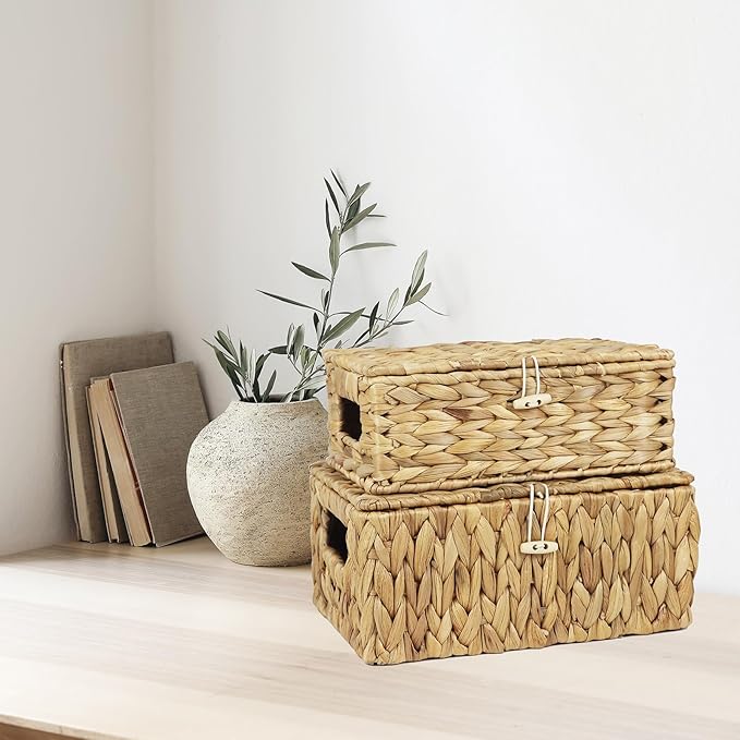 Set of 2 Wicker Baskets with Lid, Small Woven Wicker Storage Bins, Natural Water Hyacinth Basket Multipurpose Decorative Storage Boxes for Shelf Organizer (11.2" x 7.8" x 5.1" + 10" x 6.1" x 3.8")