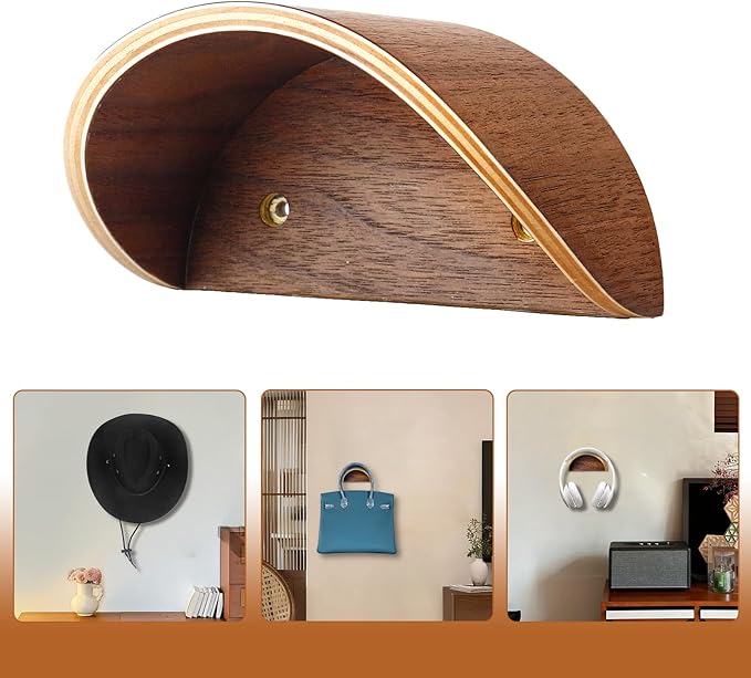 Cowboy Hat Rack for Wall,2 Pack Walnut Wood Hat Holder on Wall, Satin Finish Hat Hooks,Non-Damage Brim Design Can Keeps Original Shape of Hat, for Western Hat Organizer