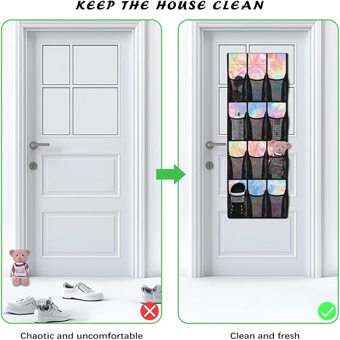 12-Pocket Behind The Door Storage Organizer, Oxford Material Waterproof Foldable and Designed for Bathroom Pantry or Bedroom Use, Coloured Tie Dye